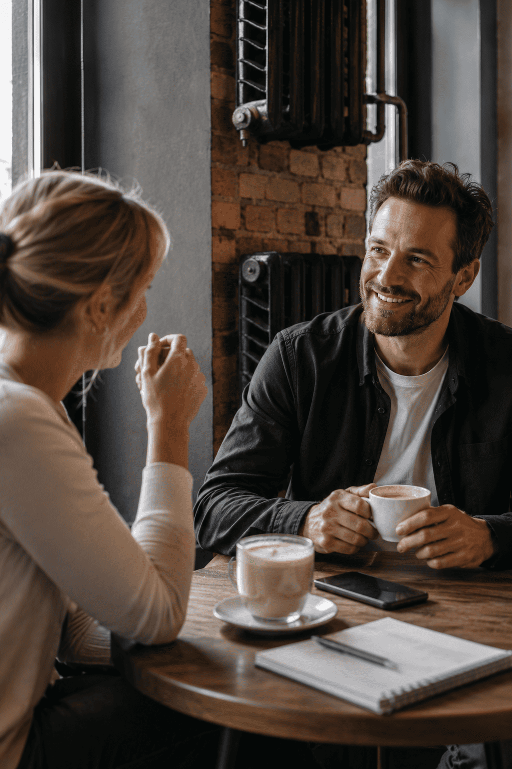 Zwei Personen sitzen sich bei einem Kaffee gegenüber und unterhalten sich